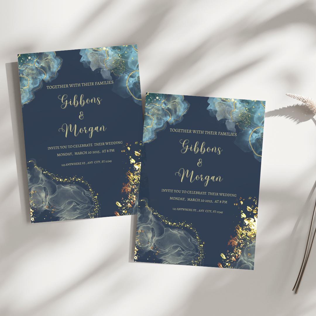 Elegant Navy & Gold Wedding Invitation | Editable Digital Download | Modern Floral Wedding Invite | Printable Wedding Template