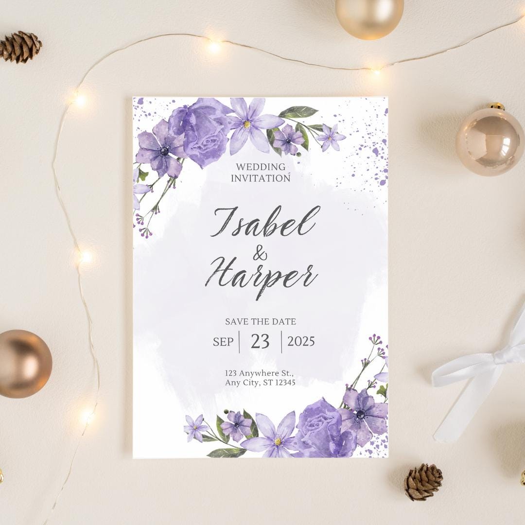 Elegant Purple Floral Wedding Invitation | Customizable Save the Date | Printable Template for Modern Weddings