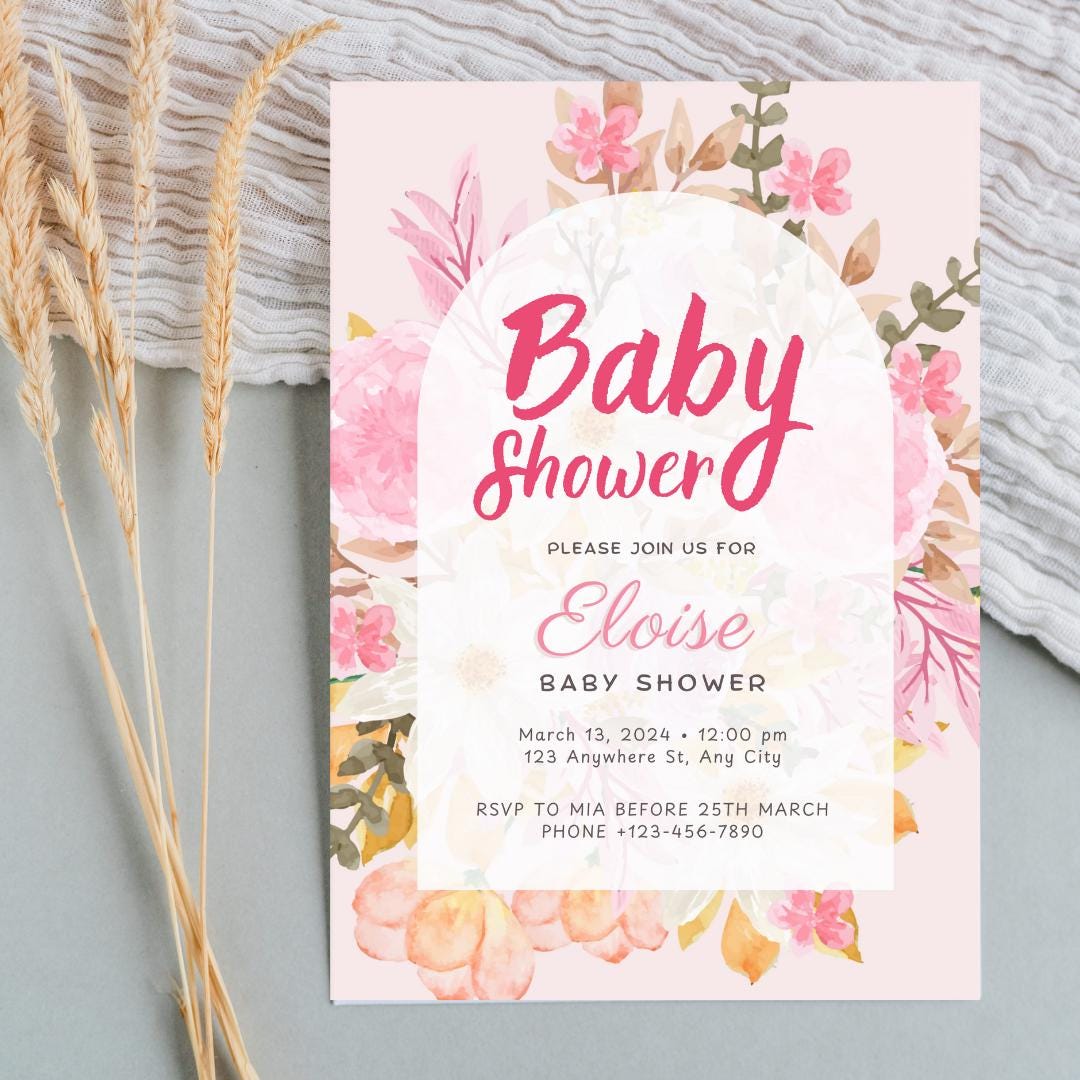 Pink Watercolor Floral Baby Shower Invitation - Editable Template, Customizable 5x7, Instant Download, Elegant Design