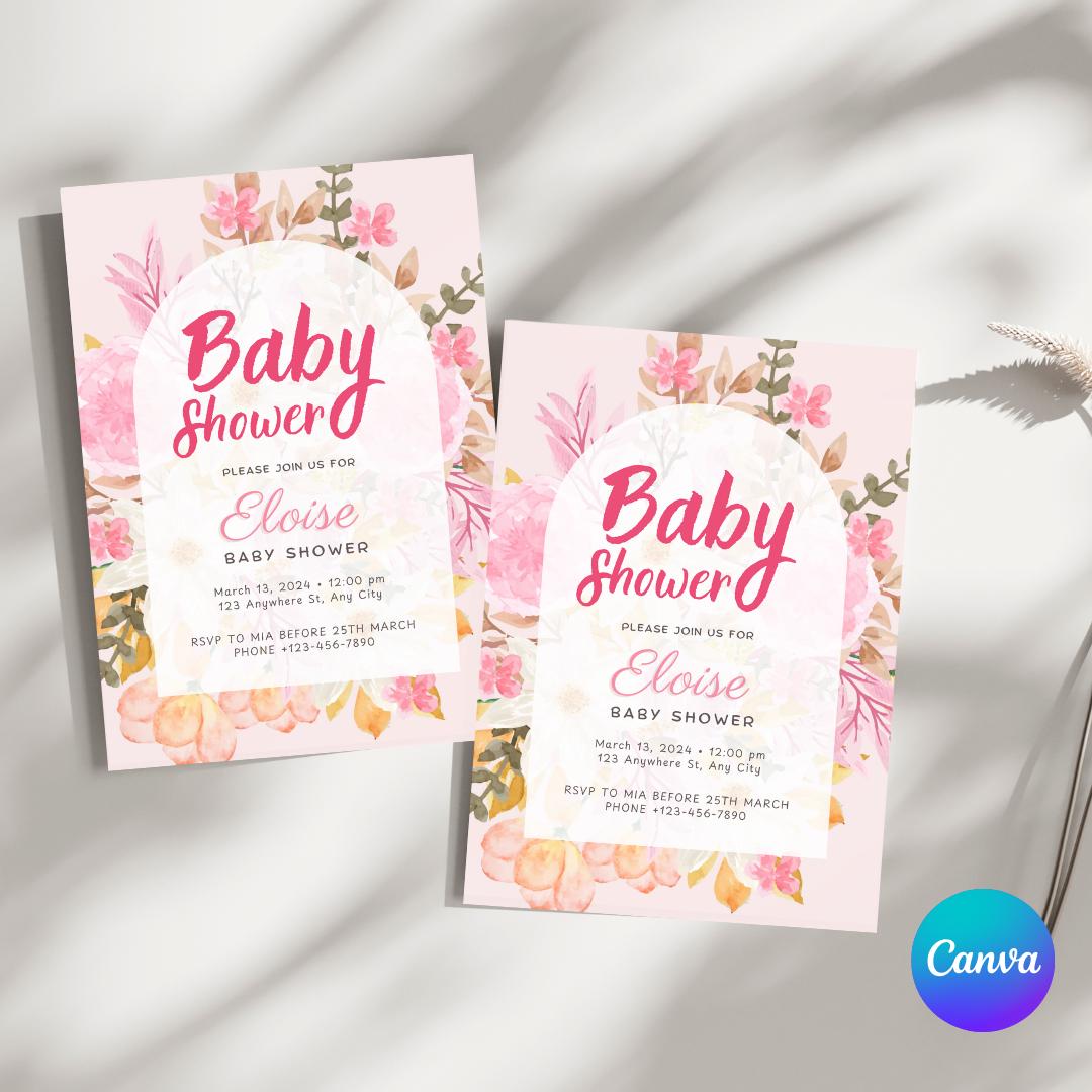 Pink Watercolor Floral Baby Shower Invitation - Editable Template, Customizable 5x7, Instant Download, Elegant Design