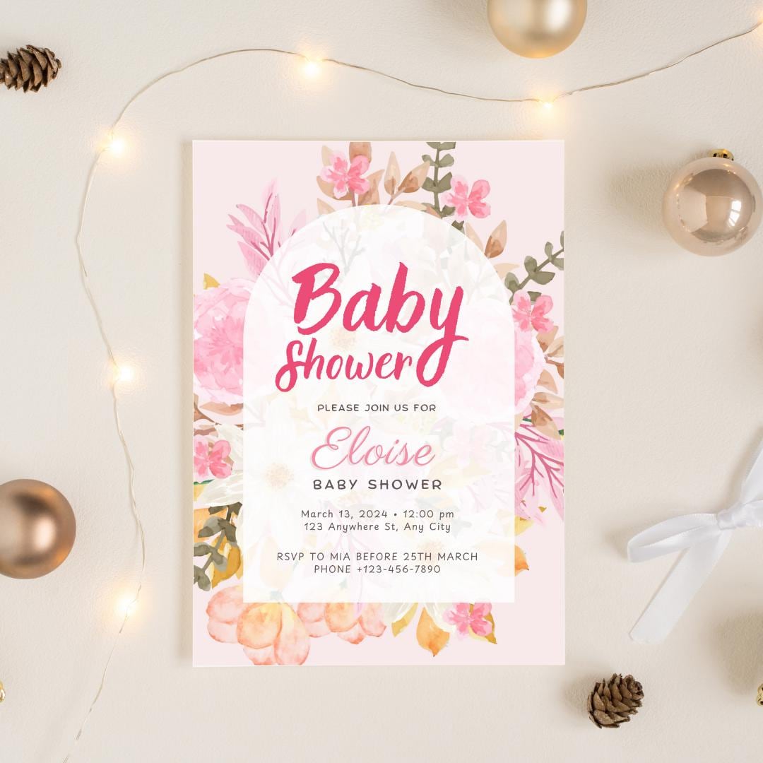 Pink Watercolor Floral Baby Shower Invitation - Editable Template, Customizable 5x7, Instant Download, Elegant Design
