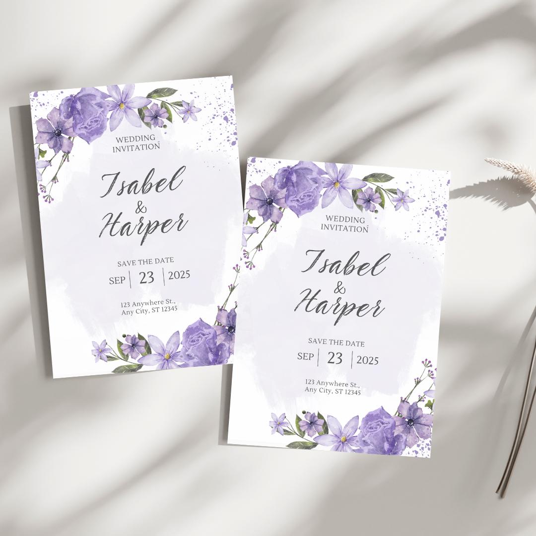 Elegant Purple Floral Wedding Invitation | Customizable Save the Date | Printable Template for Modern Weddings