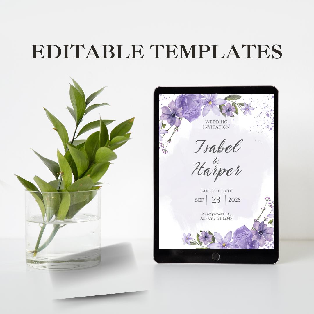 Elegant Purple Floral Wedding Invitation | Customizable Save the Date | Printable Template for Modern Weddings