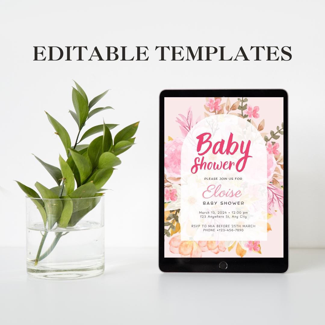 Pink Watercolor Floral Baby Shower Invitation - Editable Template, Customizable 5x7, Instant Download, Elegant Design