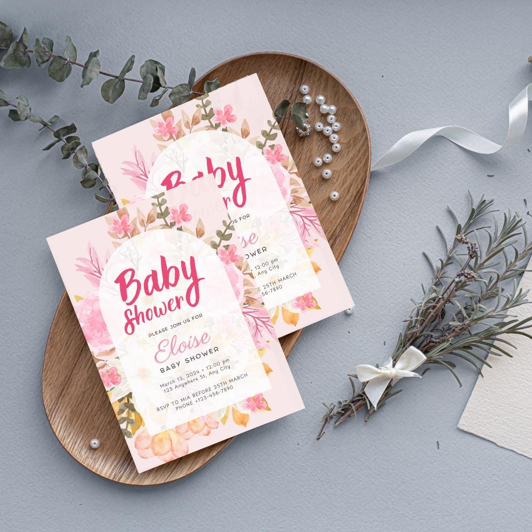 Pink Watercolor Floral Baby Shower Invitation - Editable Template, Customizable 5x7, Instant Download, Elegant Design