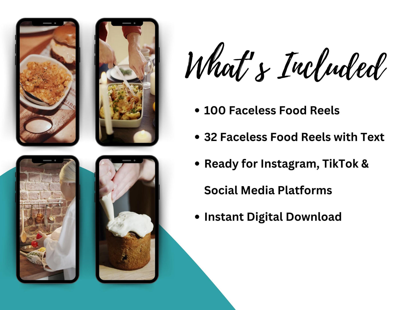 100 Faceless Food Reels Cooking Recipes Creative Engaging and Easy-to-Edit Food Videos for Instagram Templates Aesthetic Boost Engagement with the what is included description