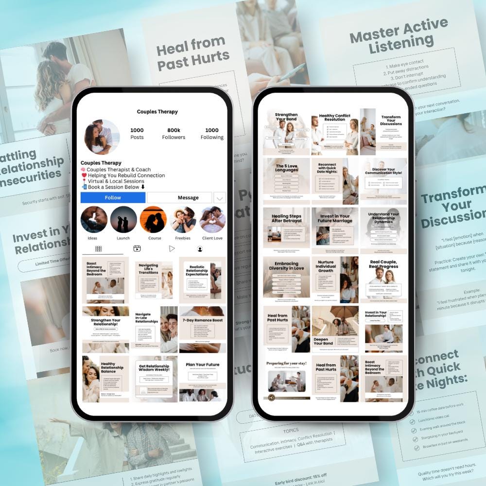 30 Couples Therapy Social Media Posts | Canva Editable Templates for Therapists | Relationship Counseling IG Content