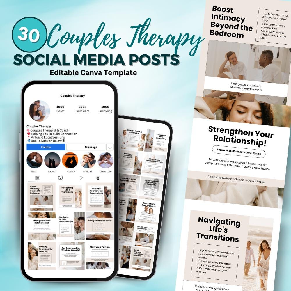 30 Couples Therapy Social Media Posts | Canva Editable Templates for Therapists | Relationship Counseling IG Content