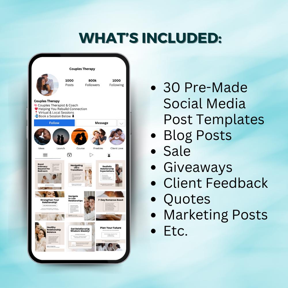 30 Couples Therapy Social Media Posts | Canva Editable Templates for Therapists | Relationship Counseling IG Content