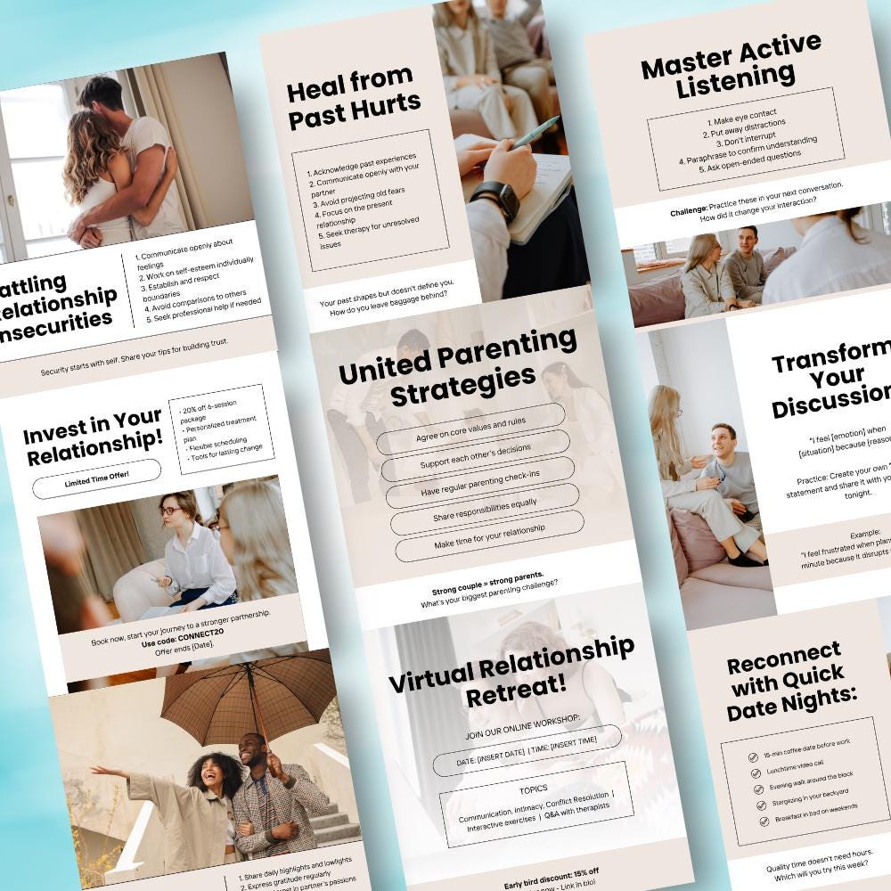 30 Couples Therapy Social Media Posts | Canva Editable Templates for Therapists | Relationship Counseling IG Content