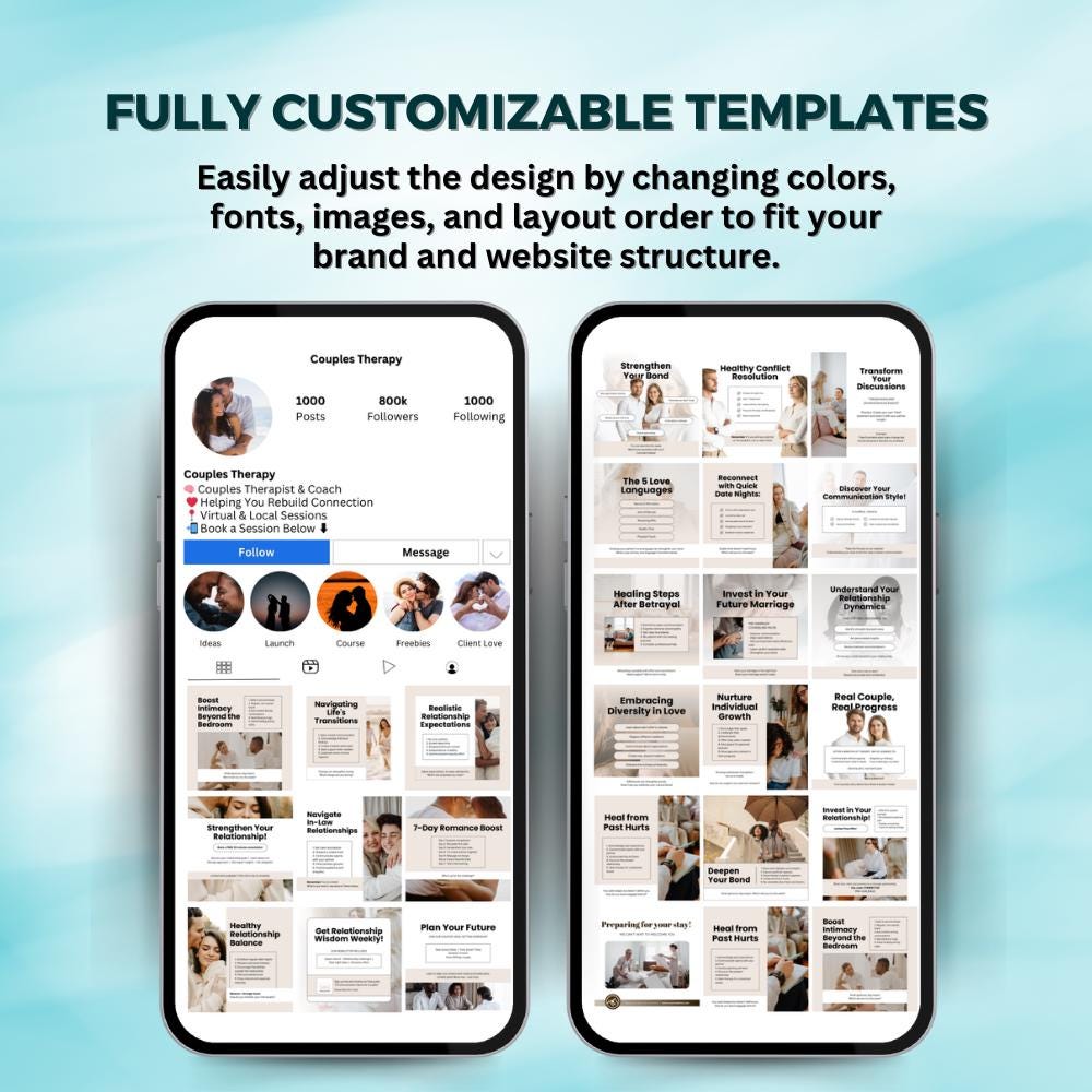 30 Couples Therapy Social Media Posts | Canva Editable Templates for Therapists | Relationship Counseling IG Content