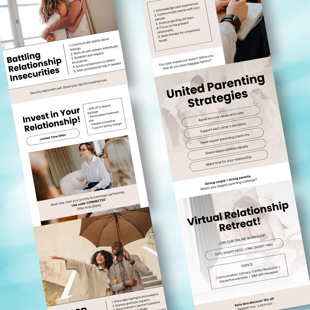 30 Couples Therapy Social Media Posts | Canva Editable Templates for Therapists | Relationship Counseling IG Content