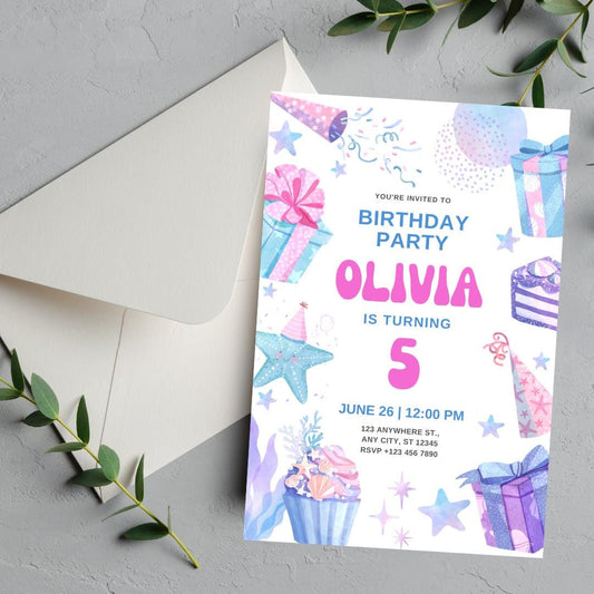 Colorful Kids Birthday Party Invitation | Watercolor Confetti & Gifts - Digital Download - 5.5x8.5in Edit on Canva