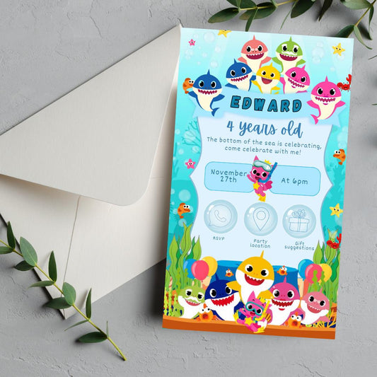 Baby Shark Birthday Invitation Template | Under the Sea Party Invite | Editable Digital Download | Kids Birthday Printable