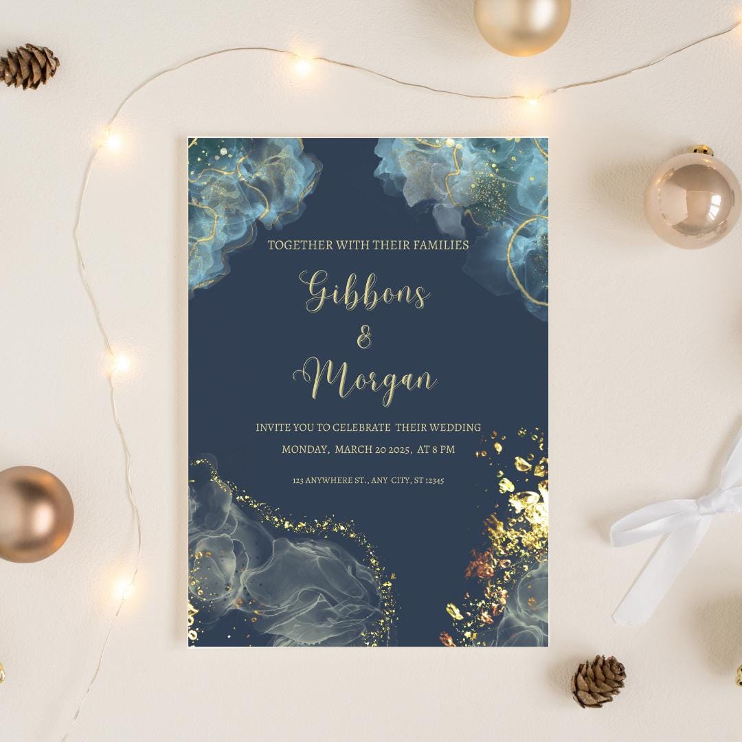 Gorgeous Elegant Navy & Gold Wedding Invitation | Editable Digital Download | Modern Floral Wedding Invite | Printable Wedding Template