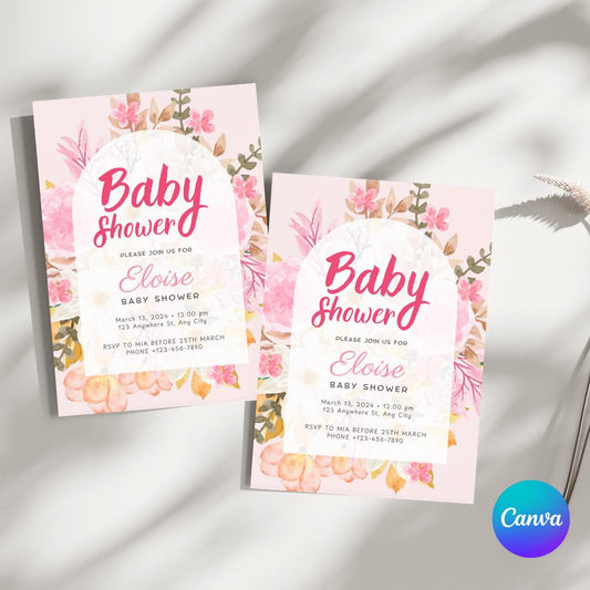 Pink Watercolor Floral Baby Shower Invitation - Editable Template, Customizable 5x7, Instant Download, Elegant Design