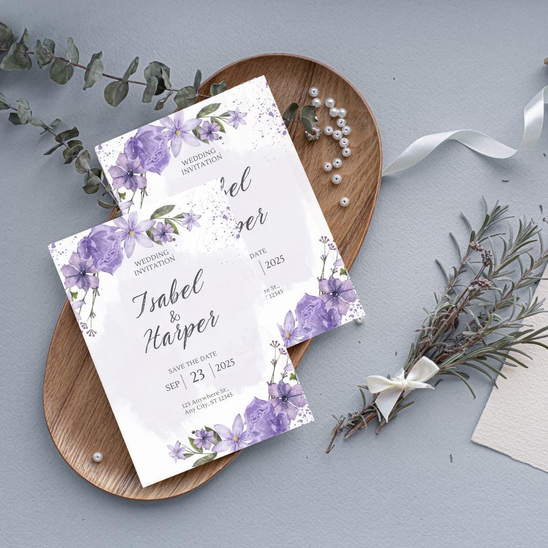 Elegant Purple Floral Wedding Invitation | Customizable Save the Date | Printable Template for Modern Weddings